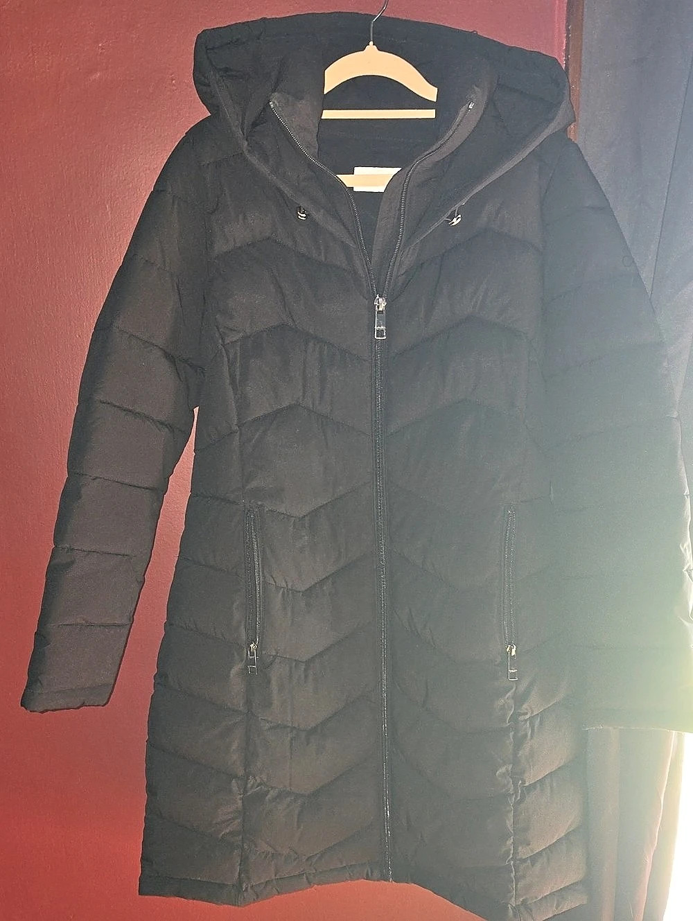 Calvin Klein Women's Hooded Chevron Quilted Puffer Coat Black Medium